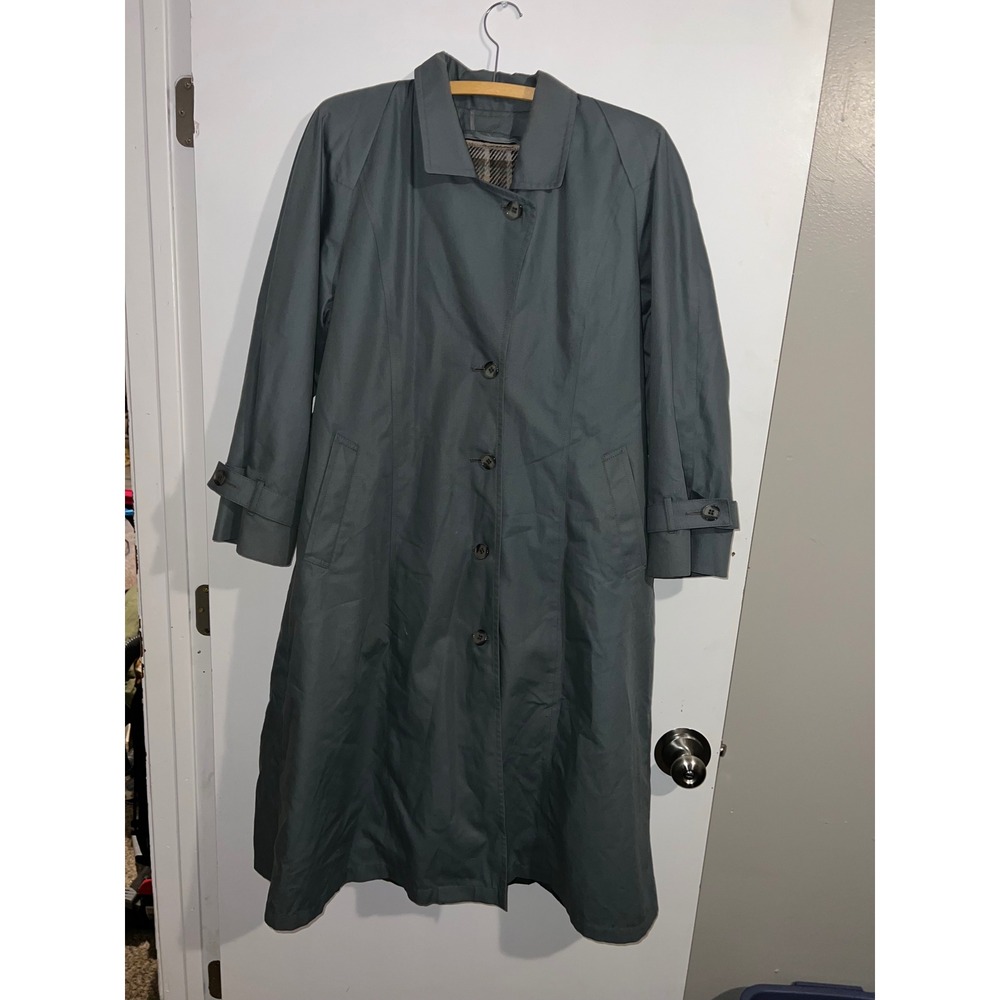 London Fog Vintage Trench Coat Blue Gray Plaid Liner Size 12 Pet. Made in USA